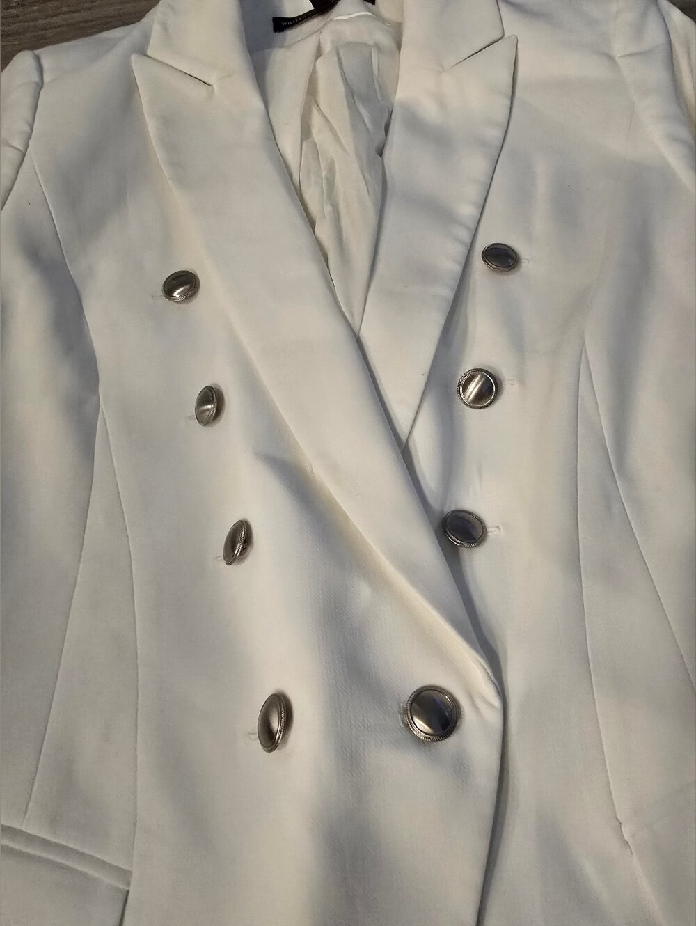 White House Black Market White Double-Breasted Blazer with Silver Buttons